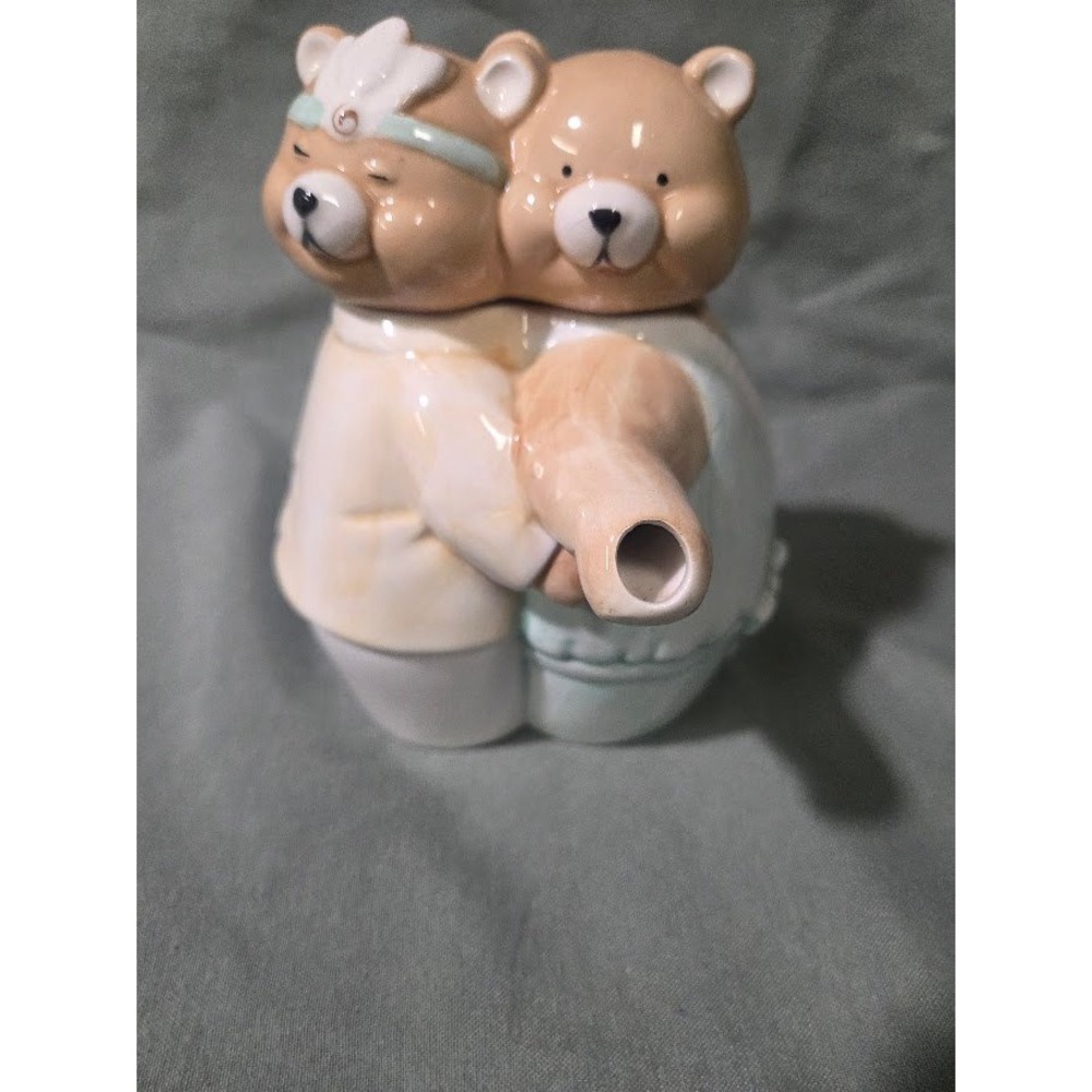 Vintage JCPenney Ceramic Hugging Bears Teapot Pastel Blue Tan Cream